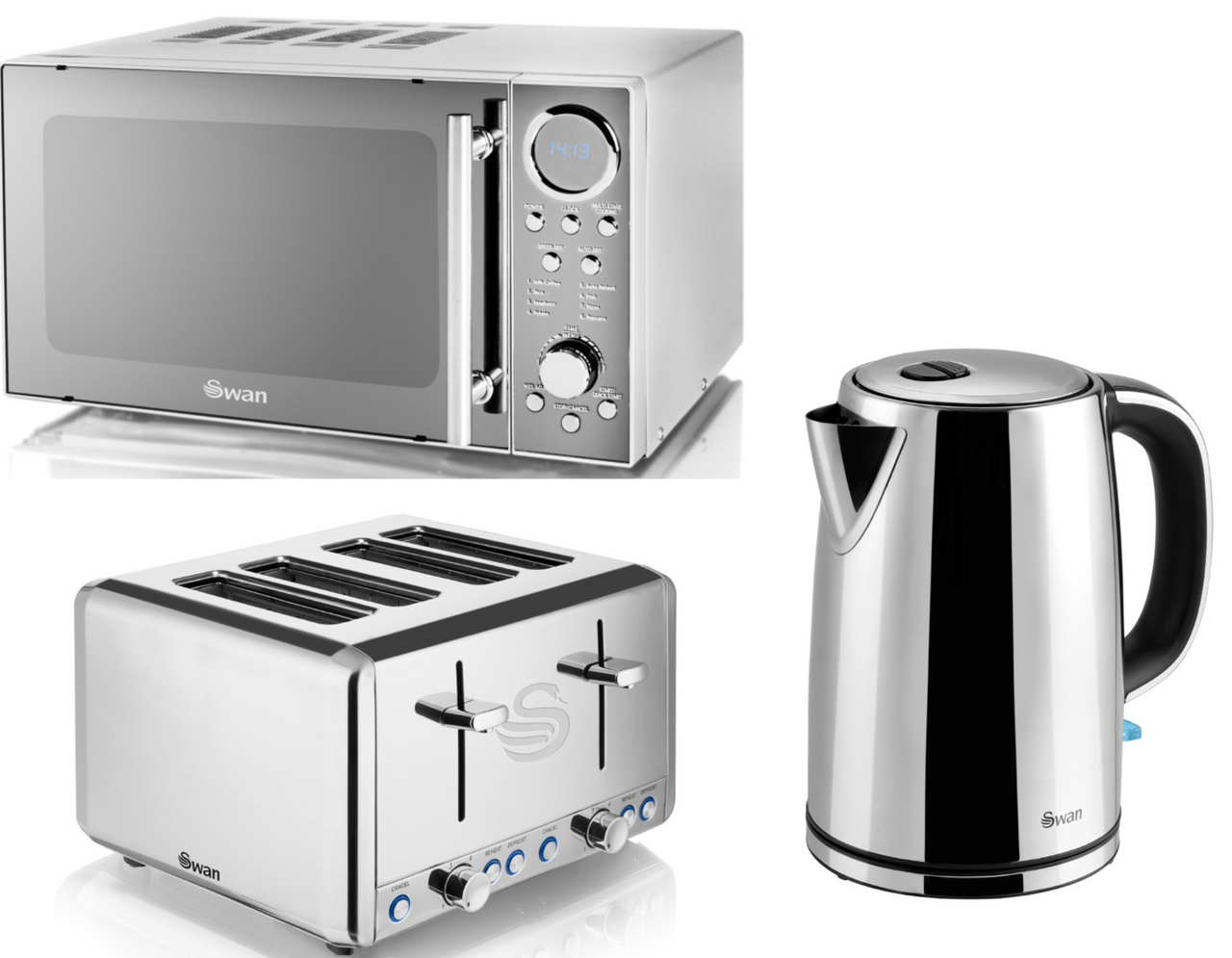 Swan Classics Silver 1.7L Jug Kettle, 4 Slice Toaster & 800W 20L Microwave in Polished Stainless Steel