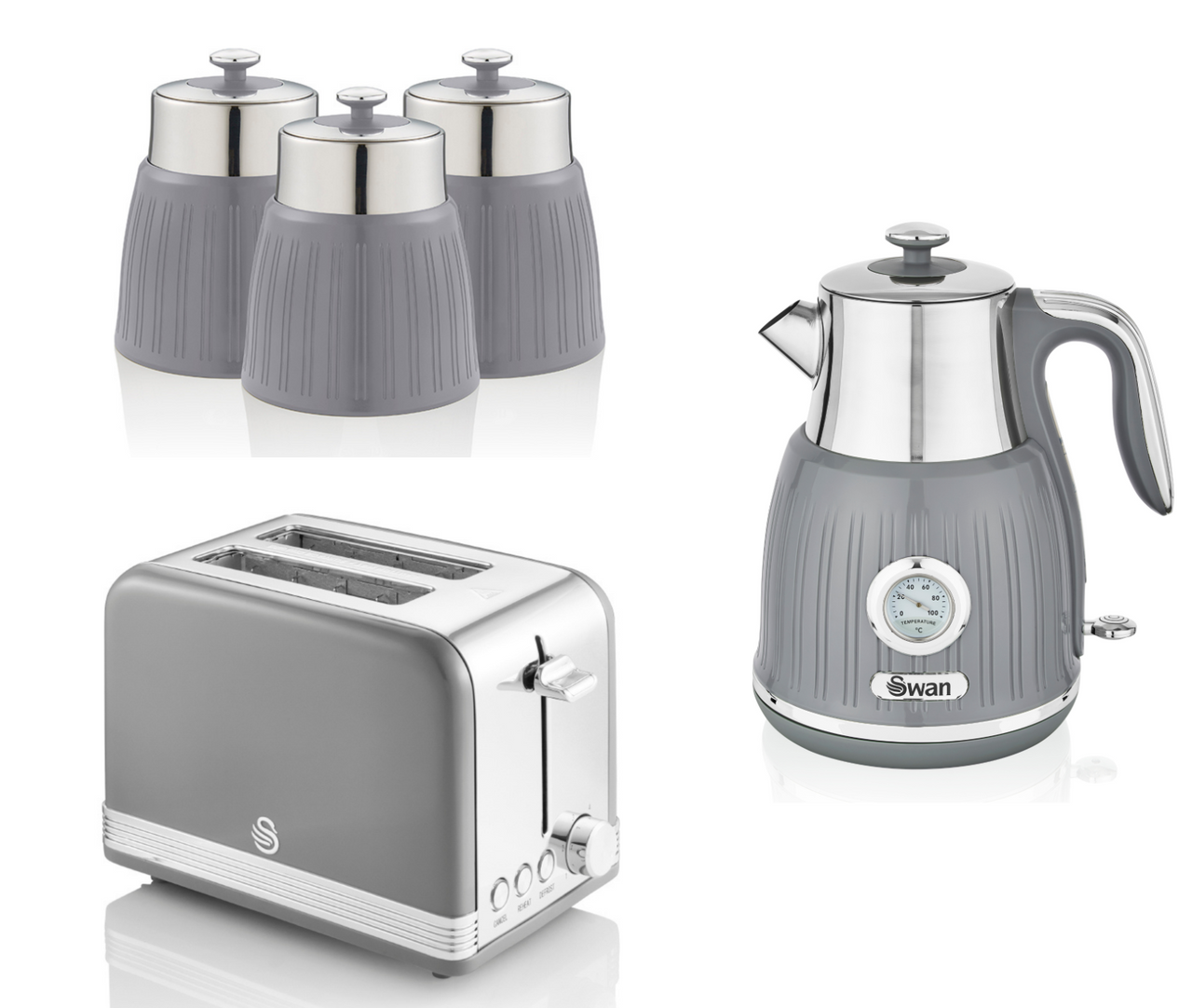 SWAN Retro Grey Jug Dial Kettle 2 Slice Toaster & Canisters Matching Kitchen Set