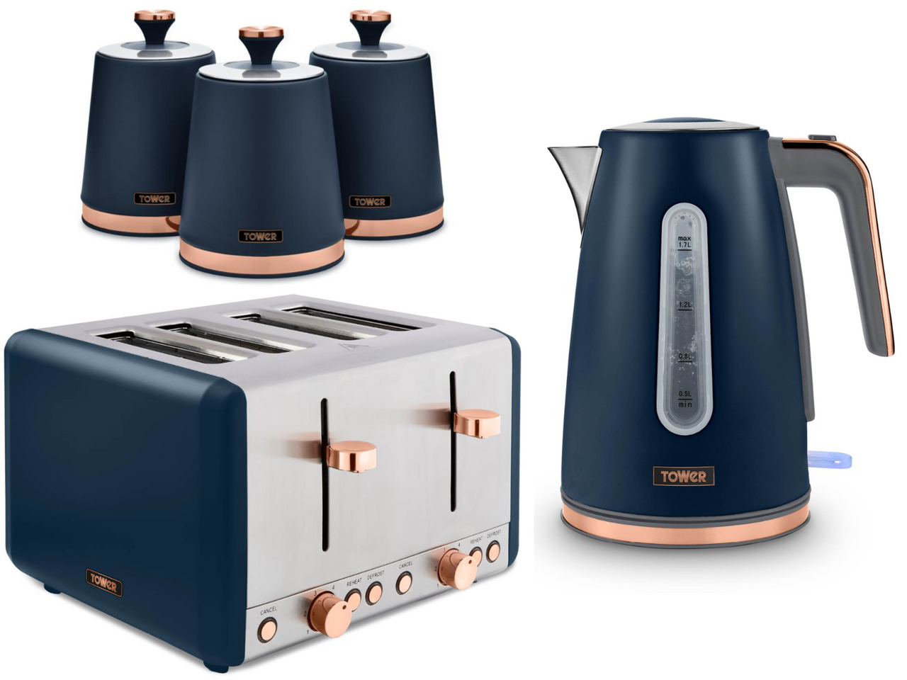 Tower Cavaletto Jug Kettle, 4 Slice Toaster & Canisters Set in Midnight Blue/Rose Gold