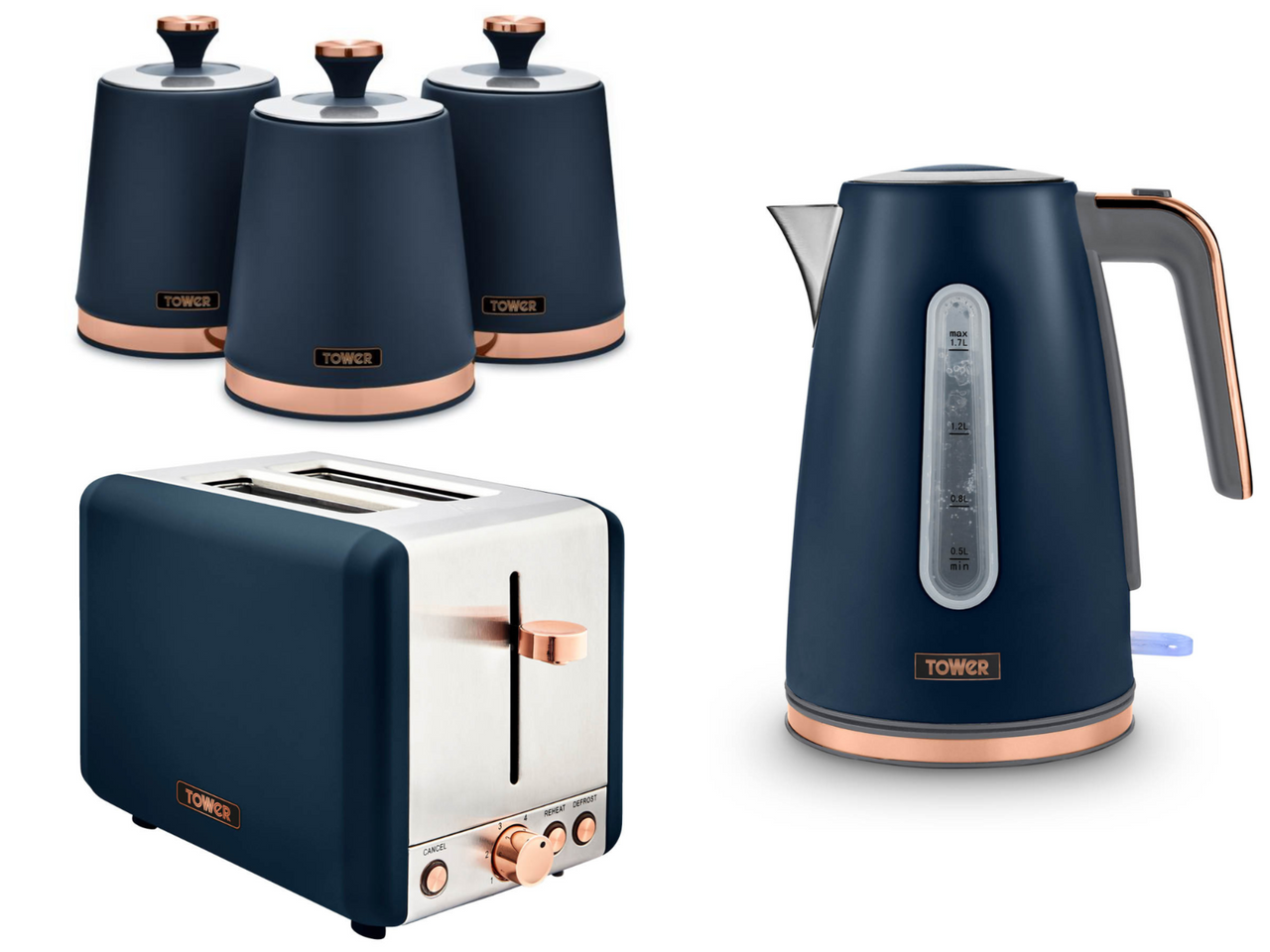Tower Cavaletto 1.7L 3KW Jug Kettle, 2 Slice Toaster & Canisters Matching Set in Midnight Blue & Rose Gold