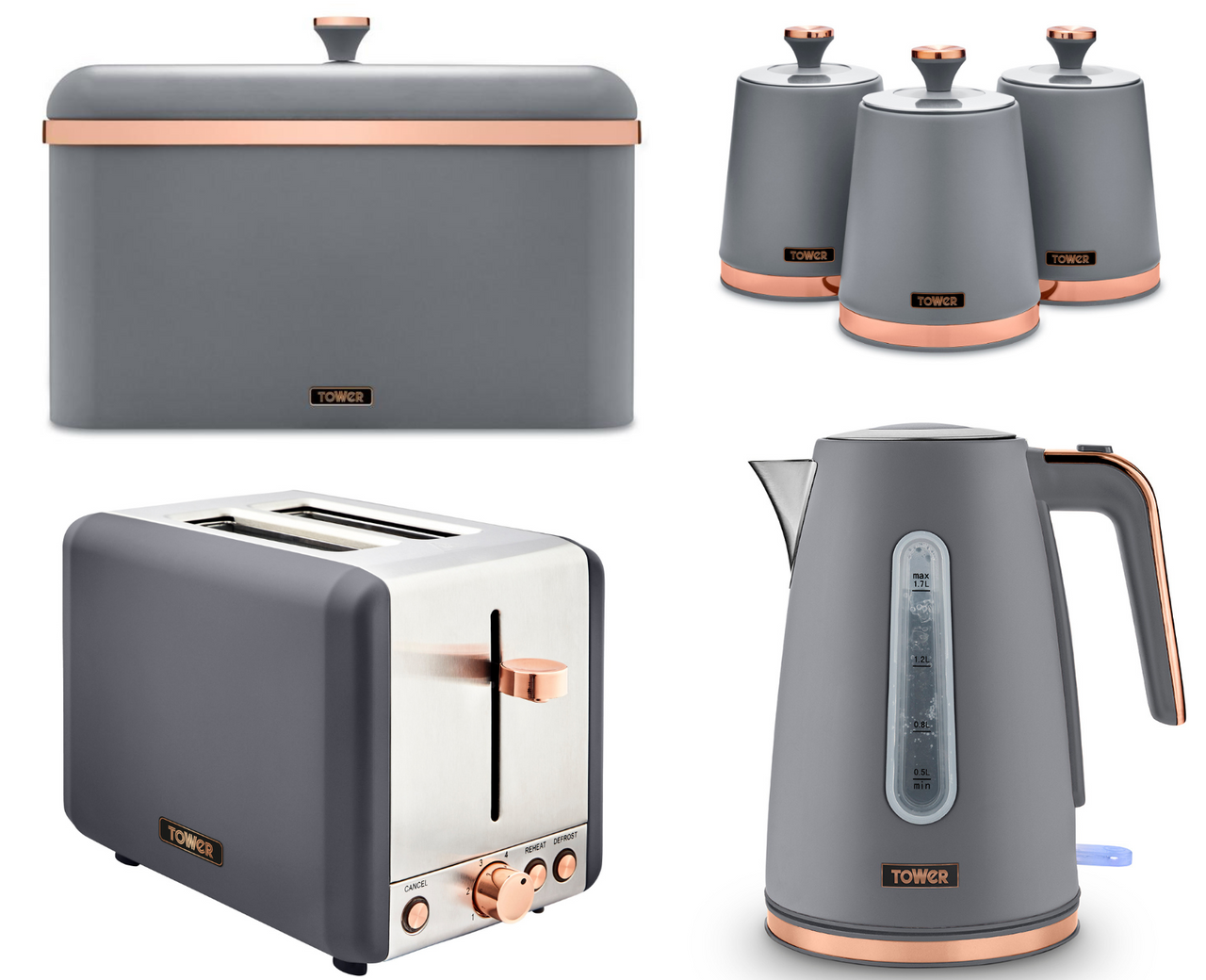 Tower Cavaletto Jug Kettle 2 Slice Toaster Bread Bin Canisters Grey & Rose Gold
