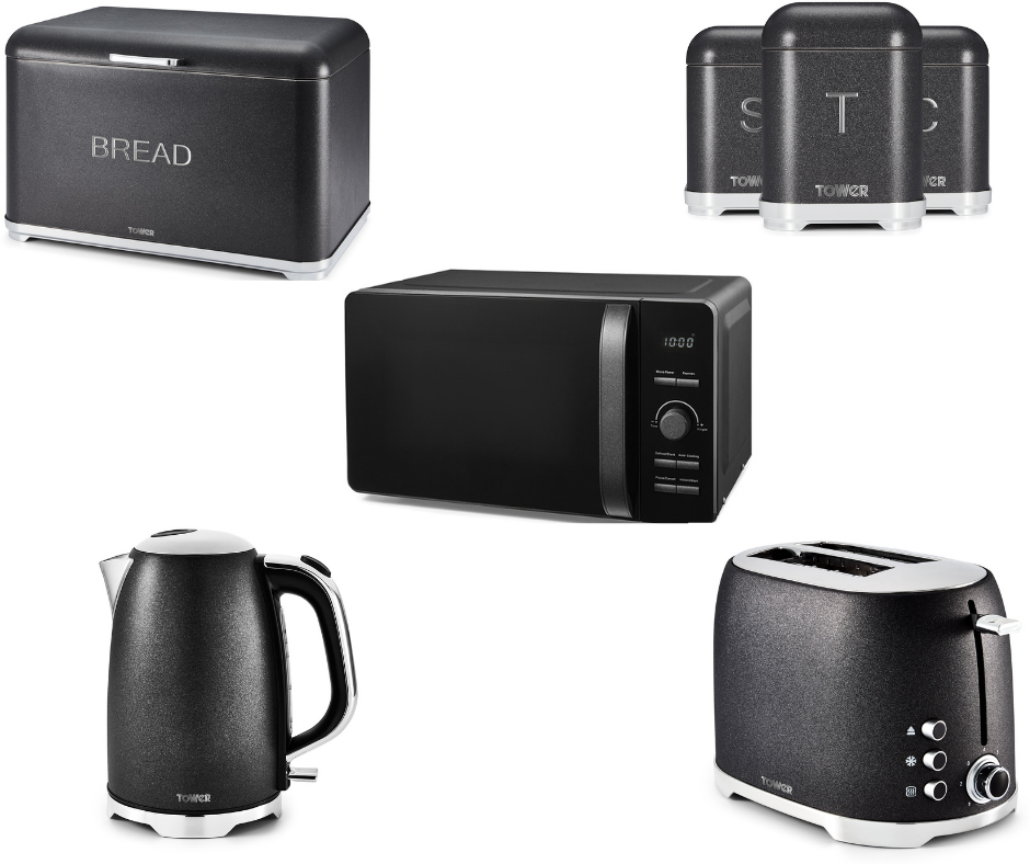 Glitz Kettle 2-Slice Toaster Bread Bin Canisters & Microwave Set of 5 in Black