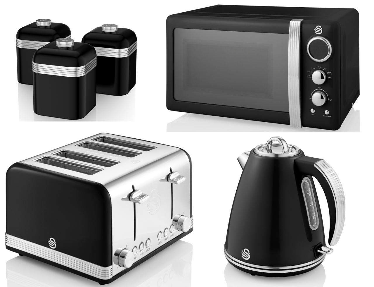 Swan Retro Black Jug Kettle 4 Slice Toaster  Microwave & 3 Canisters Set of 6