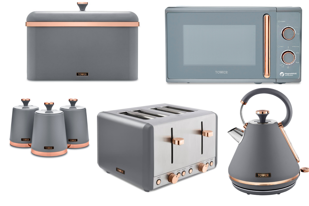 Tower Cavaletto Grey Pyramid Kettle 4 Slice Toaster Microwave Breadbin & Canisters Set