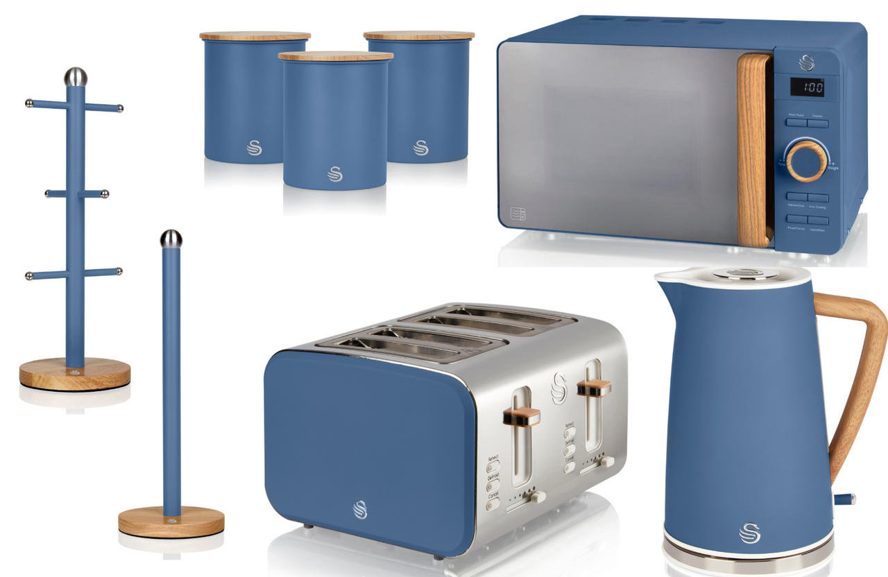 Swan Nordic Blue 1.7L 3KW Jug Kettle, 4 Slice Toaster, 800W 20L Microwave, Canisters, Mug Tree & Towel Pole Set