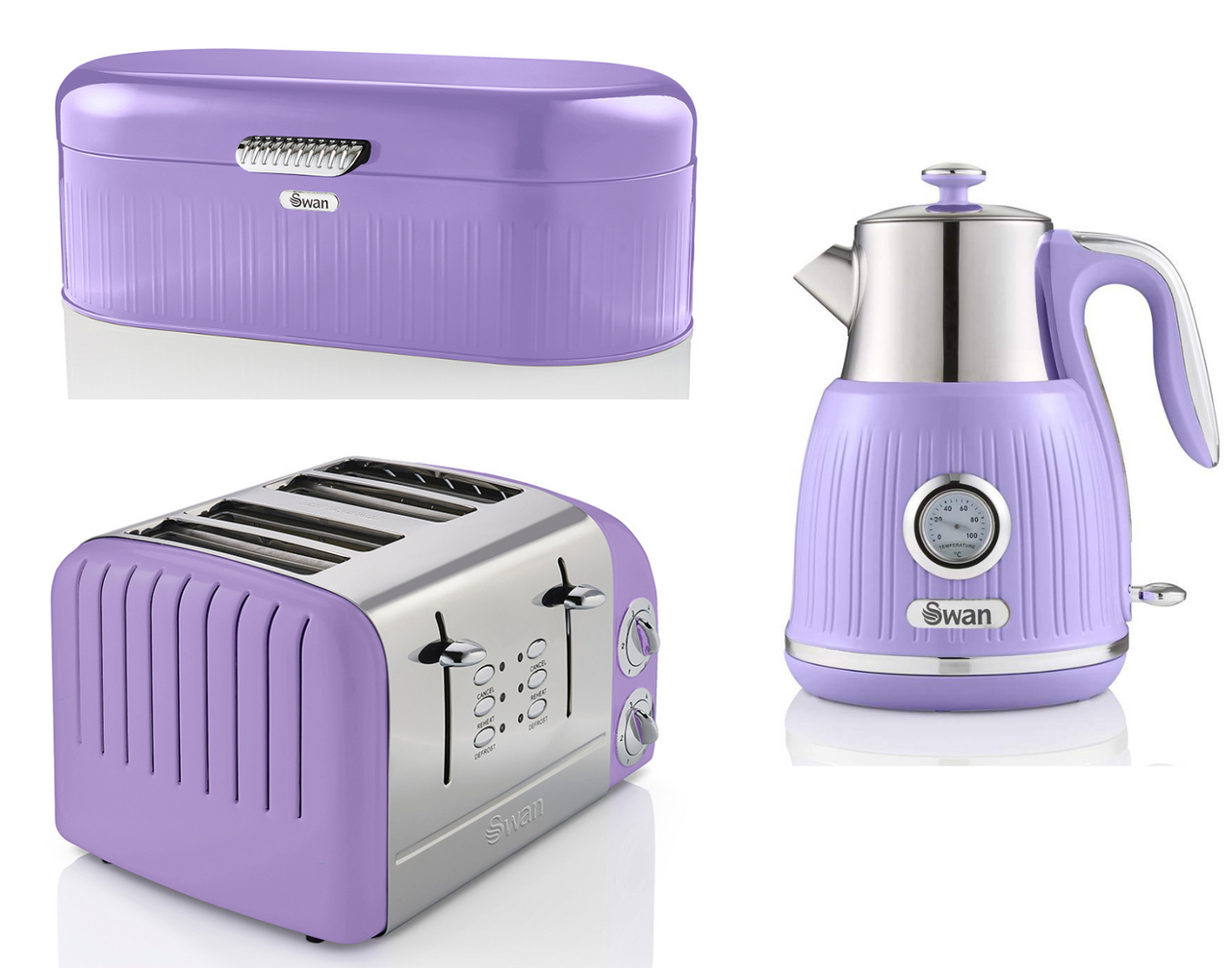 Swan Retro Purple Dial Kettle, 4 Slice Toaster & Bread Bin Vintage Kitchen Set