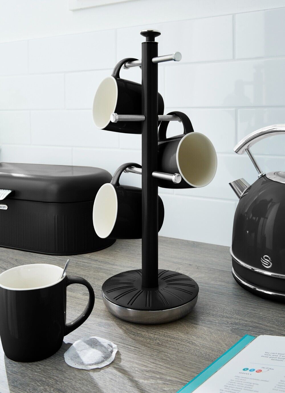 Swan Retro Black Mug Tree & Towel Pole Matching Kitchen Storage Set