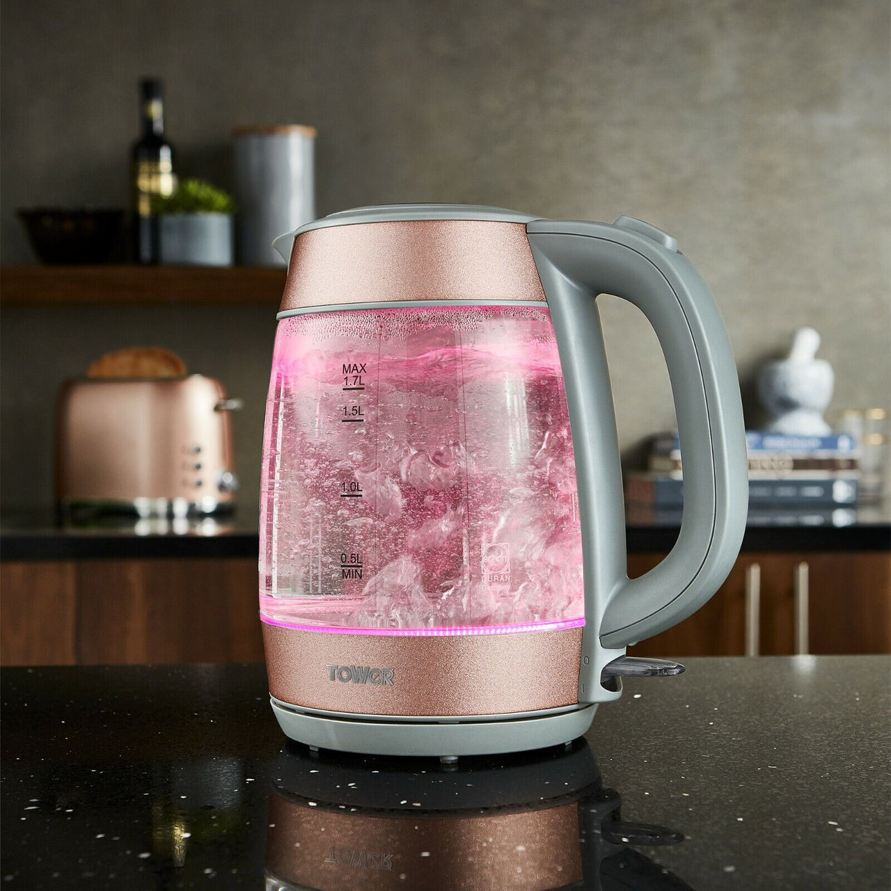 Tower Glitz Glass Kettle & 4 Slice Toaster Set Blush Pink Illuminating LED Light
