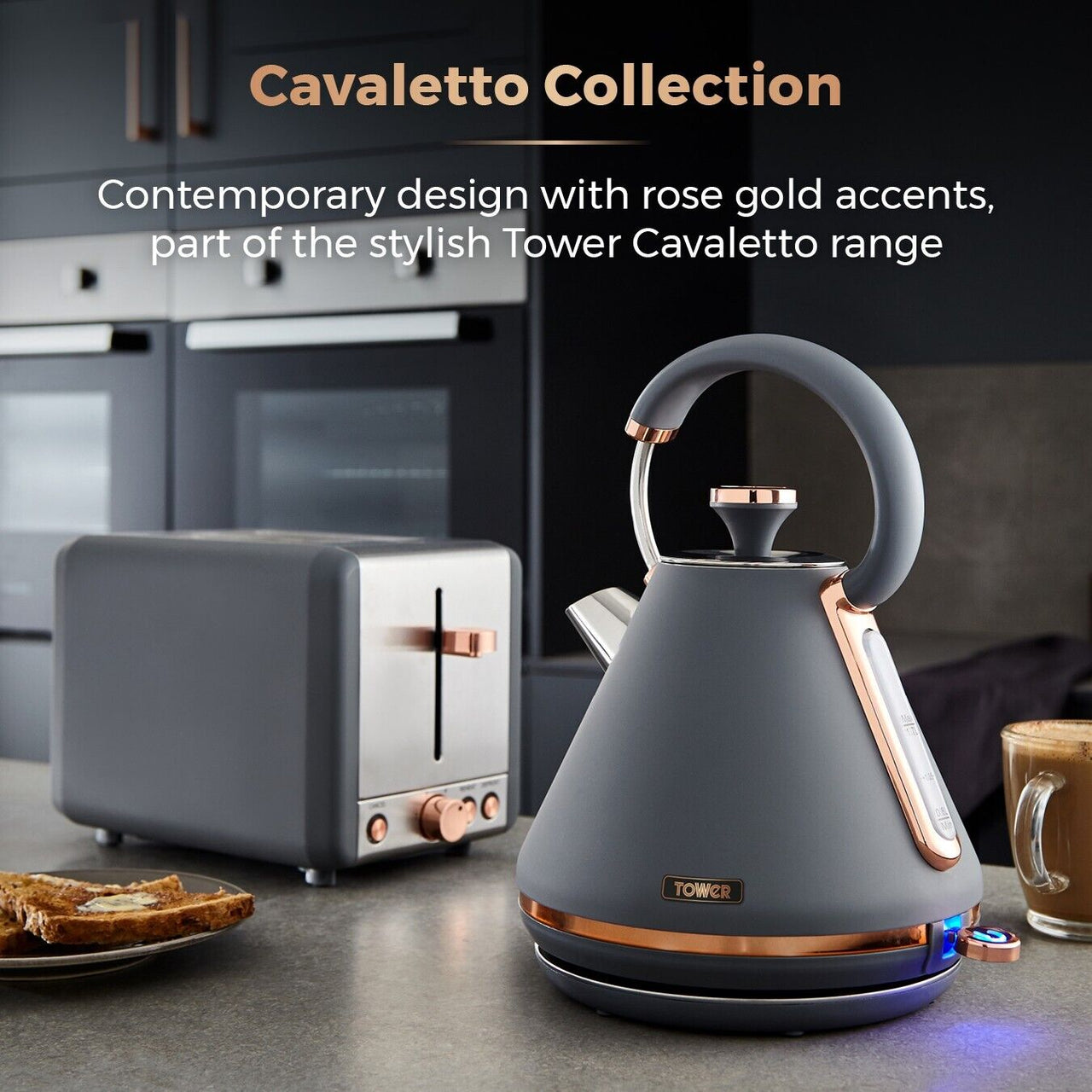 Tower Cavaletto Grey & Rose Gold Pyramid Kettle, 2 Slice Toaster & 800W 20L Microwave