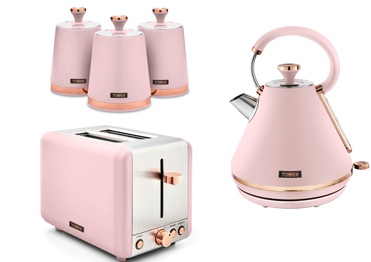 Tower Cavaletto Pink 1.7L 3KW Pyramid Kettle, 2 Slice Toaster & Canisters Matching Kitchen Set