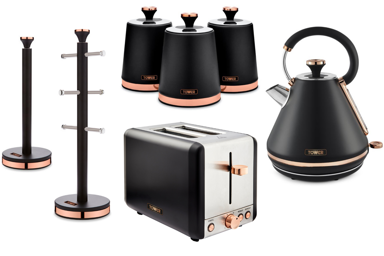 Tower Cavaletto Black 1.7L 3KW Pyramid Kettle, 2 Slice Toaster, Canisters, Mug Tree & Towel Pole Matching Set