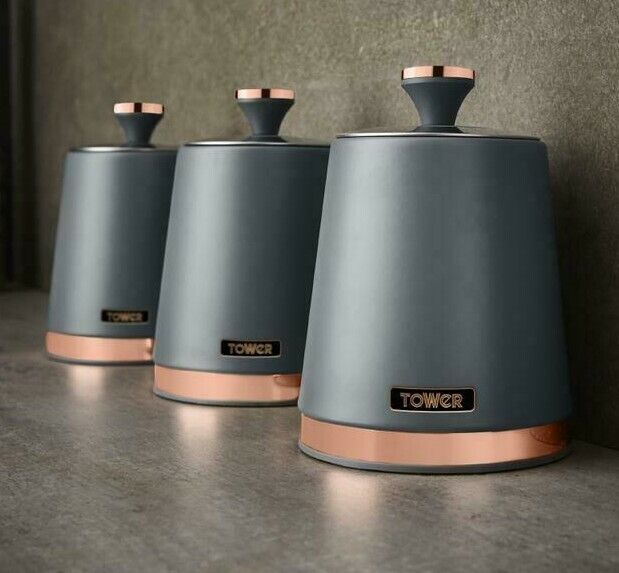 TOWER Cavaletto Tea Coffee Sugar Canisters Set of 3 Kitchen Storage Set Grey & Rose Gold
