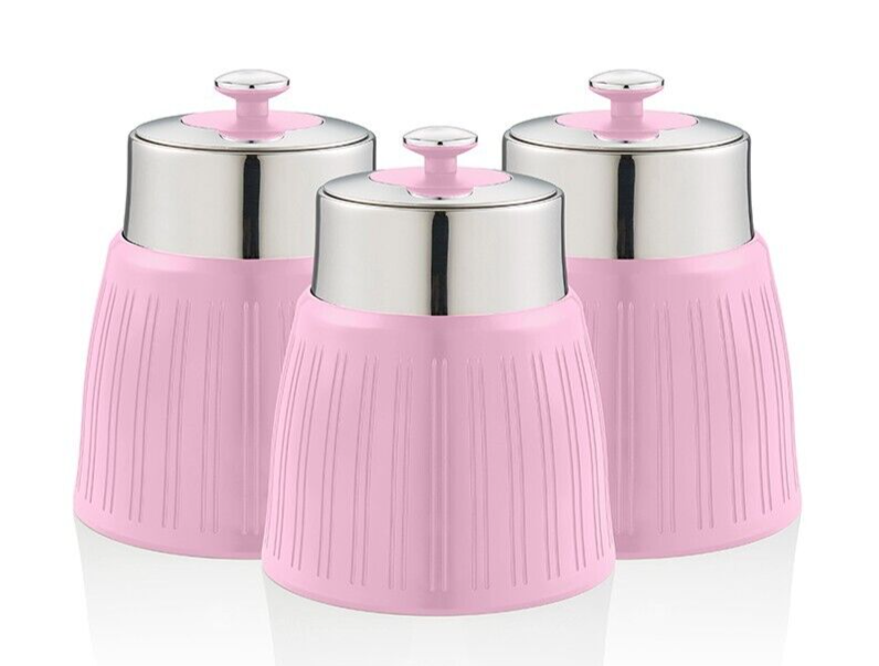 Swan Retro Pink Tea, Coffee & Sugar Canisters New Set of 3 Kitchen Storage Set