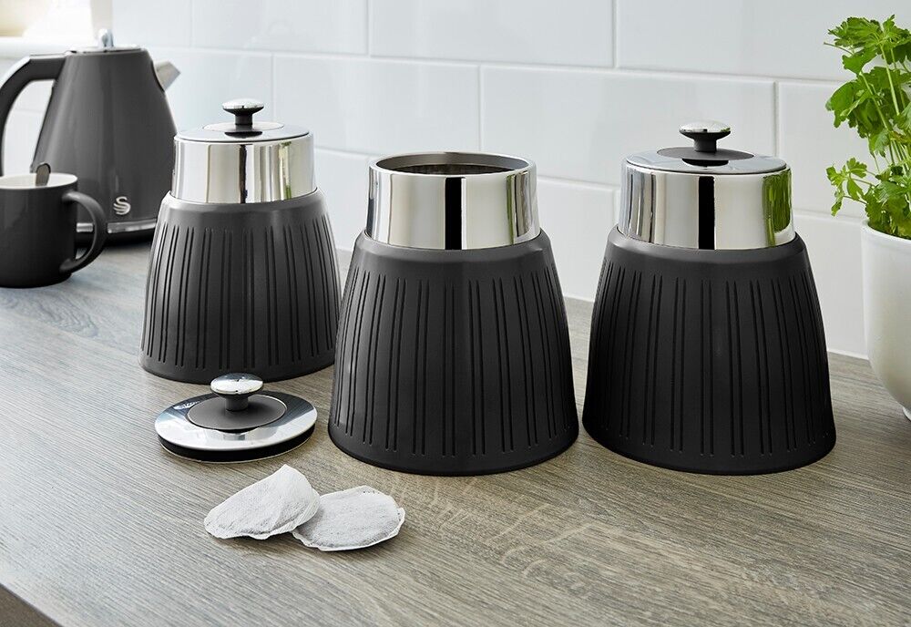 Swan Retro Black Tea, Coffee & Sugar Canisters New Set of 3 Kitchen Storage Set