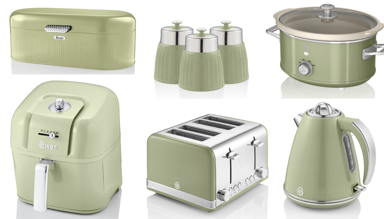 SWAN Retro Green Kettle Toaster 6L Air Fryer 3.5L Slow Cooker & Kitchen Storage