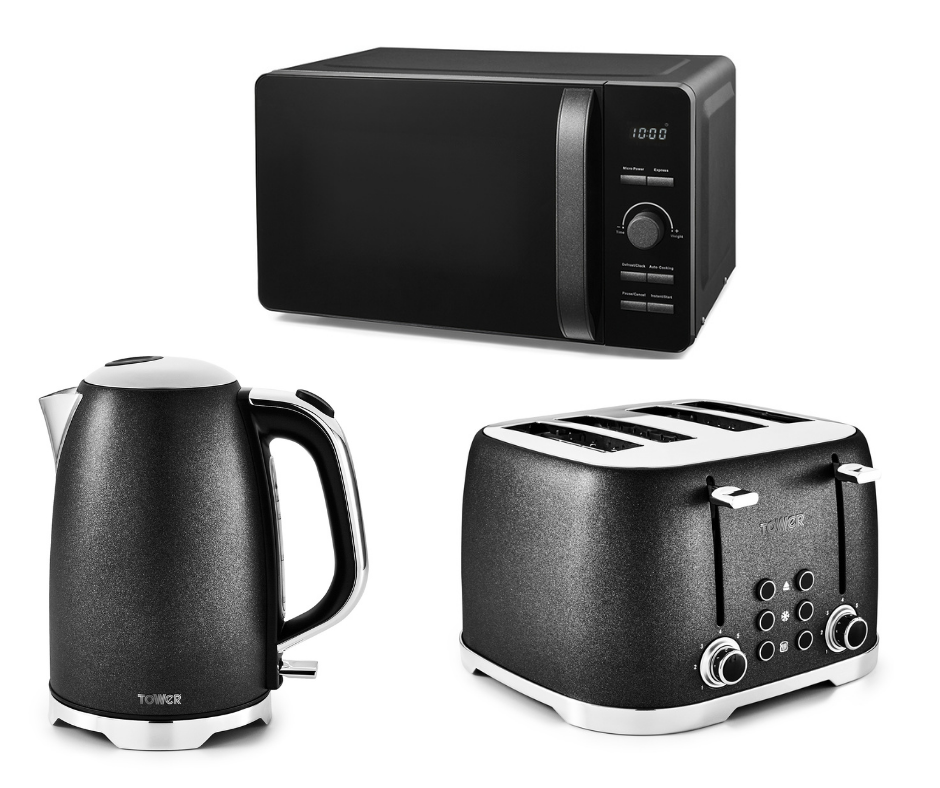 NEW Glitz Kettle, 4 Slice Toaster & 800w Digital Microwave Set Sparkling Black