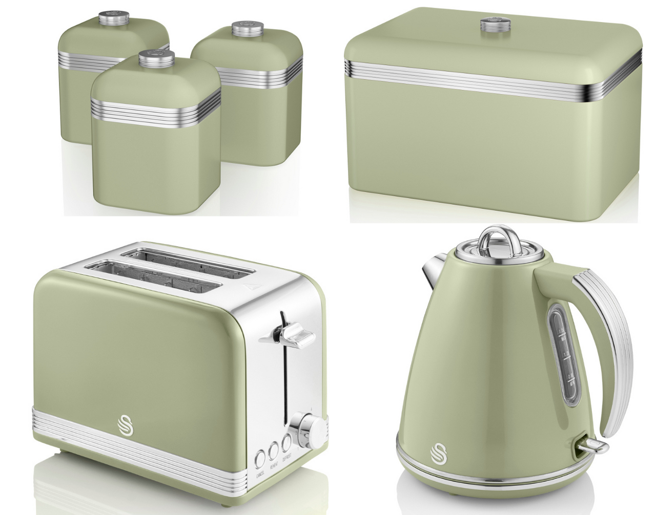 SWAN Retro Green Jug Kettle 2 Slice Toaster Bread Bin & Canisters Kitchen Set