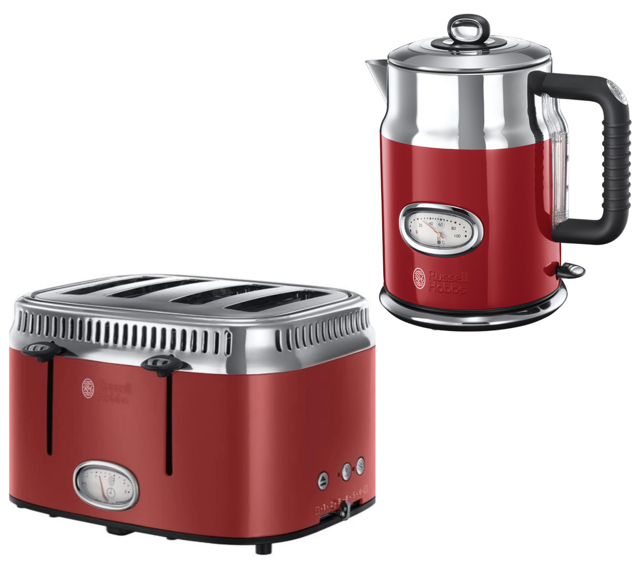 Russell Hobbs Retro 1.7L Temperature Dial Kettle & 4 Slice Toaster in Red