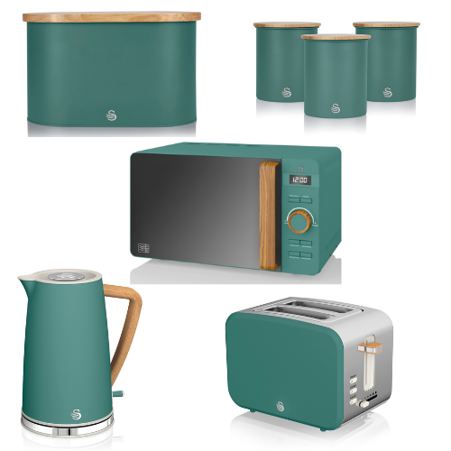 Swan Nordic Style Kitchen Set of 7 in Green including 1.7L Jug Kettle, 2 Slice Toaster, 800W 20L Digital Microwave, Bread Bin & Tea, Coffee, Sugar Canisters Matching Set