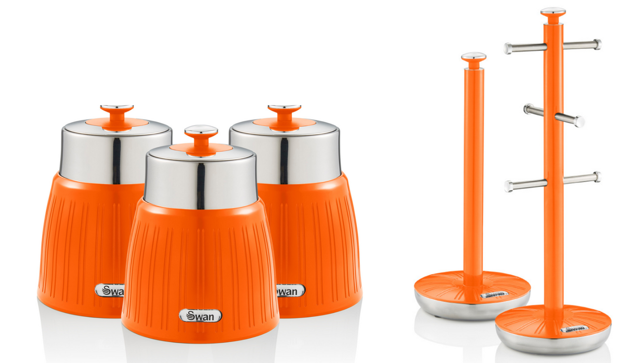SWAN Retro Orange Canisters, Mug Tree & Towel Pole Kitchen Storage Set of 5