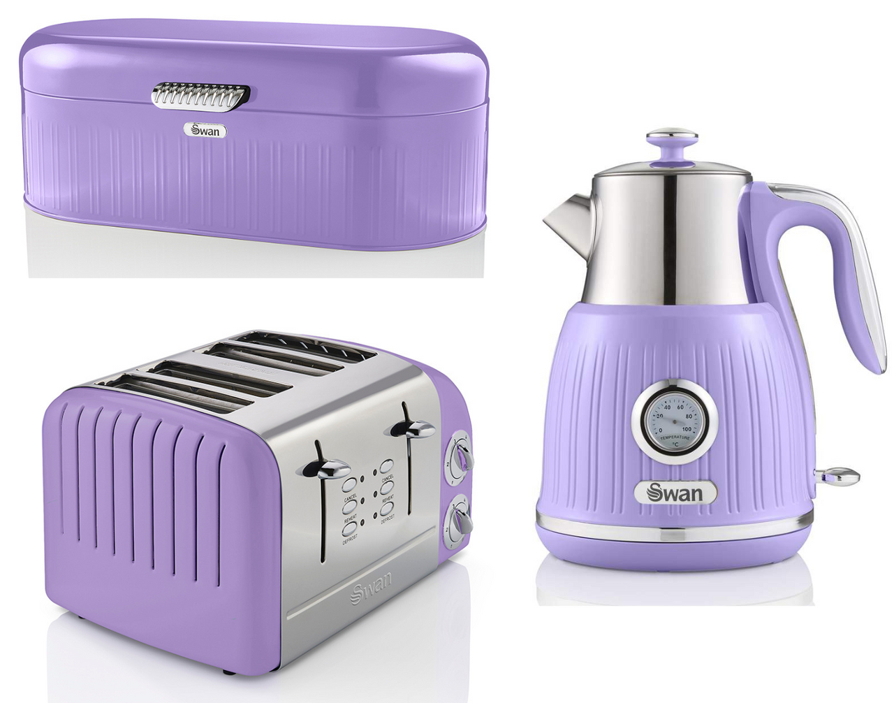 Swan Retro Purple Dial Kettle, 4 Slice Toaster & Bread Bin Vintage Kitchen Set