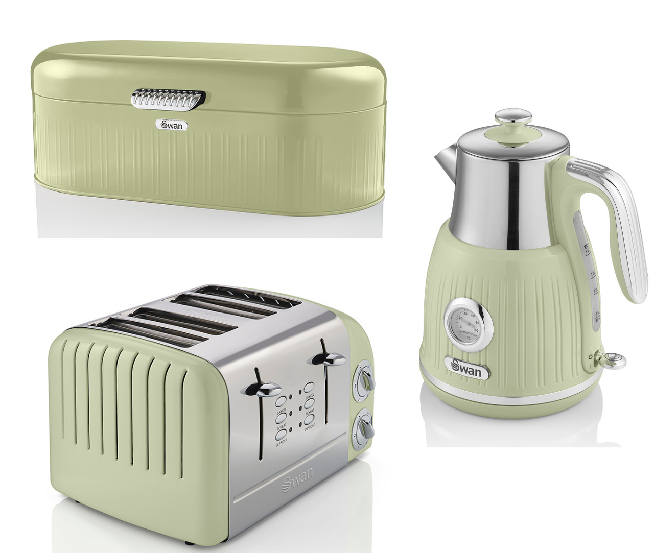 SWAN Retro Green Dial Kettle 4 Slice Toaster ST34020GN & Breadbin Matching Set