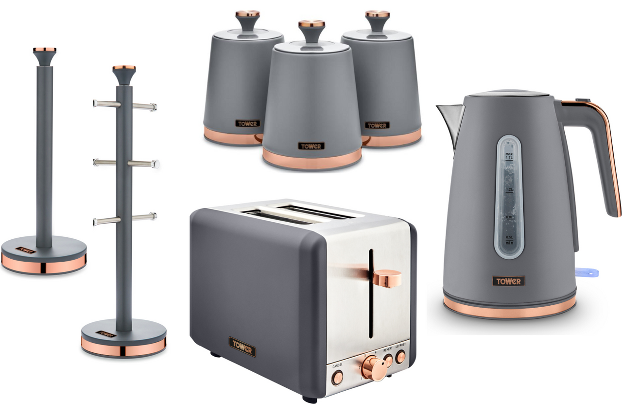 Tower Cavaletto Grey Jug Kettle, 2 Slice Toaster, Canisters, Mug Tree & Towel Pole Set