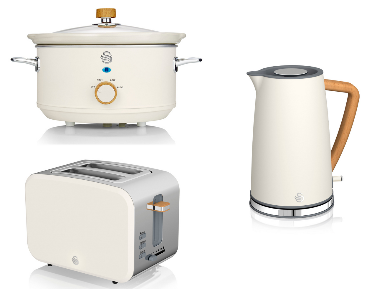 Swan Nordic White Kettle 2 Slice Toaster & 3.5L Slow Cooker Matching Kitchen Set