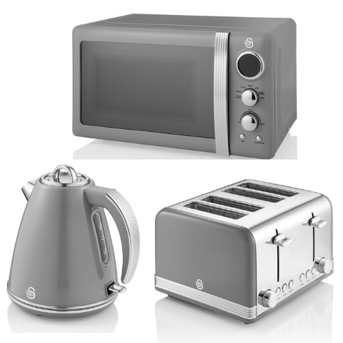 SWAN Retro Grey 1.5L 3KW Jug Kettle, 4 Slice Toaster & 800W Digital Microwave