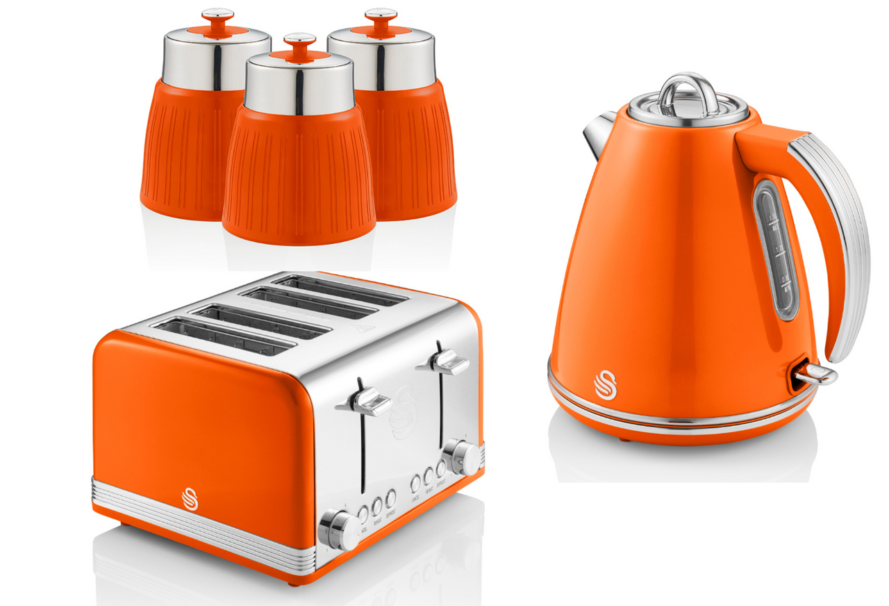 SWAN Retro Orange Kettle 4 Slice Toaster & 3 Canisters Matching Kitchen Set