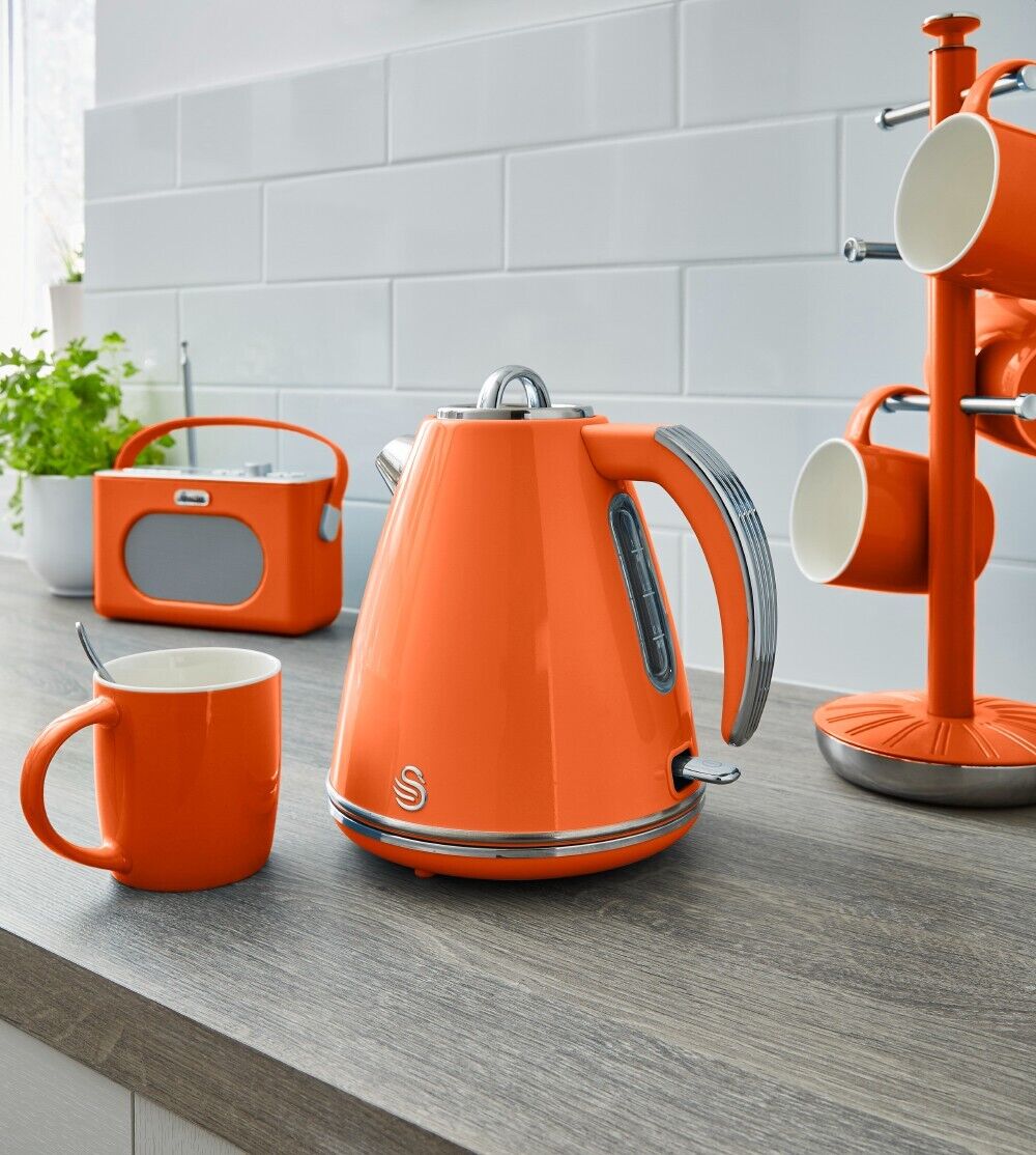 SWAN Retro Orange Kettle 4 Slice Toaster & 3 Canisters Matching Kitchen Set