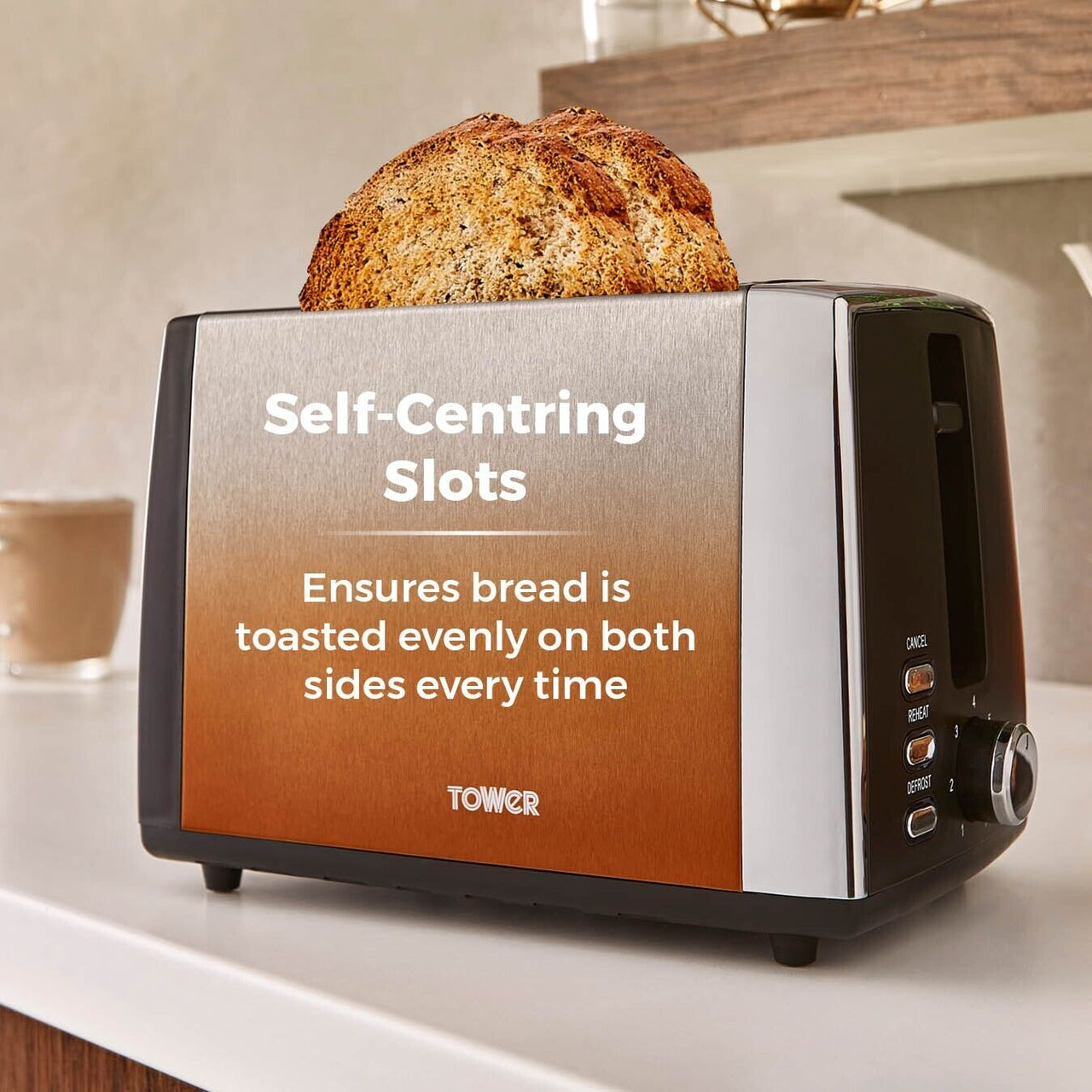 Tower Infinity Ombre 2 Slice 900W Toaster - Stainless Steel with Copper Shading