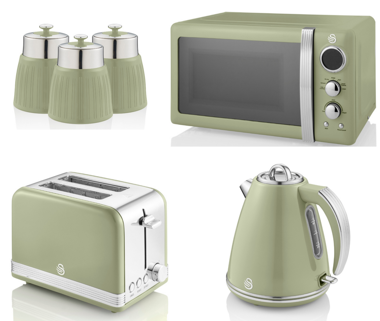 SWAN Retro Green 1.5L 3KW Jug Kettle, 2 Slice Toaster, 800W 20L Microwave & Canisters Matching Kitchen Set of 6