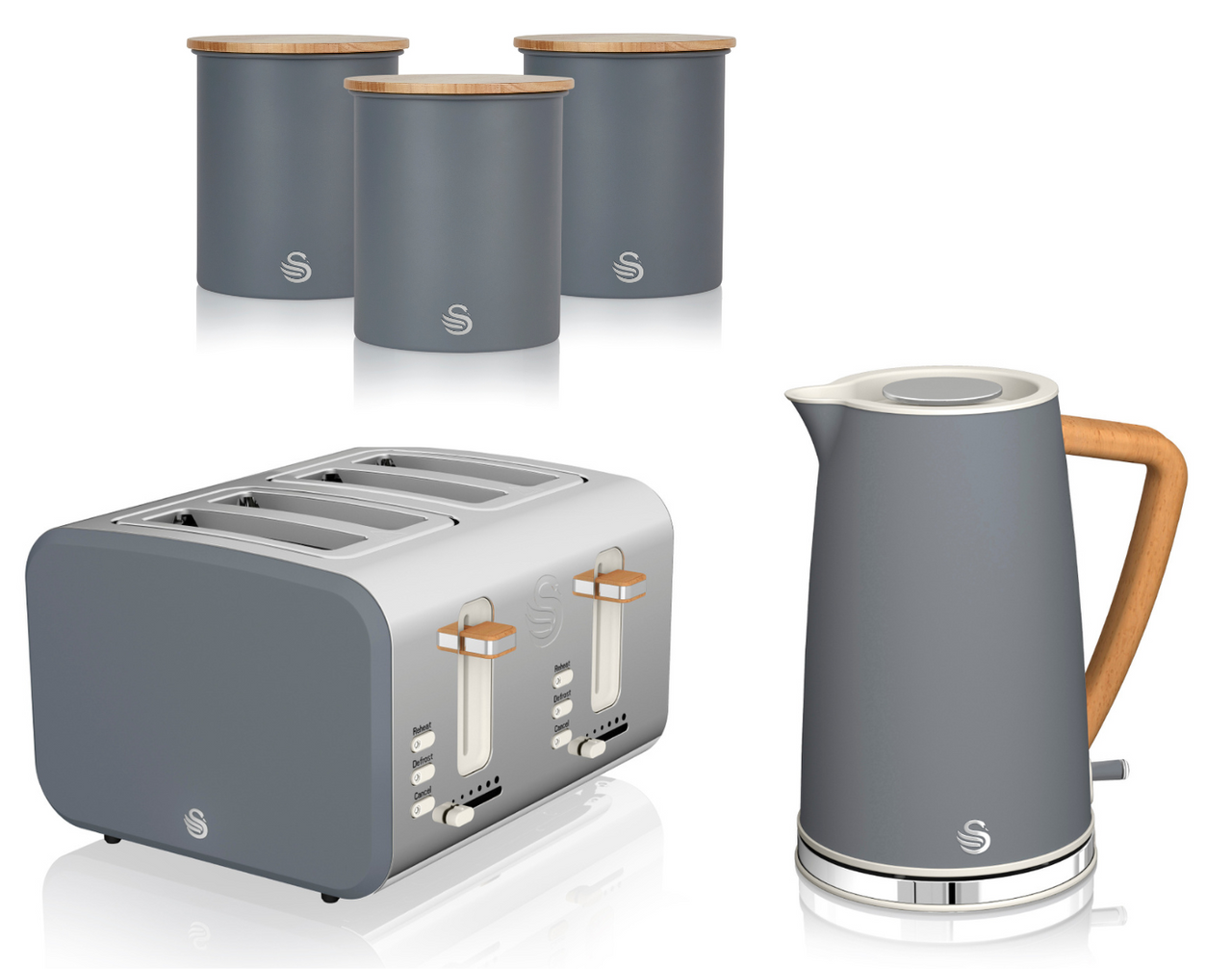 Swan Nordic Grey Kettle, 4 Slice Toaster & Canisters Matching Scandinavian Design Set