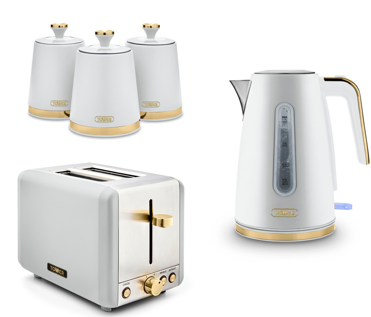 Tower Cavaletto White Jug Kettle, 2 Slice Toaster & Canisters Matching Kitchen Set