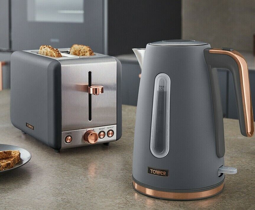 Tower Cavaletto 1.7L Jug Kettle & 2 Slice Toaster Kitchen Set in Grey/Rose Gold