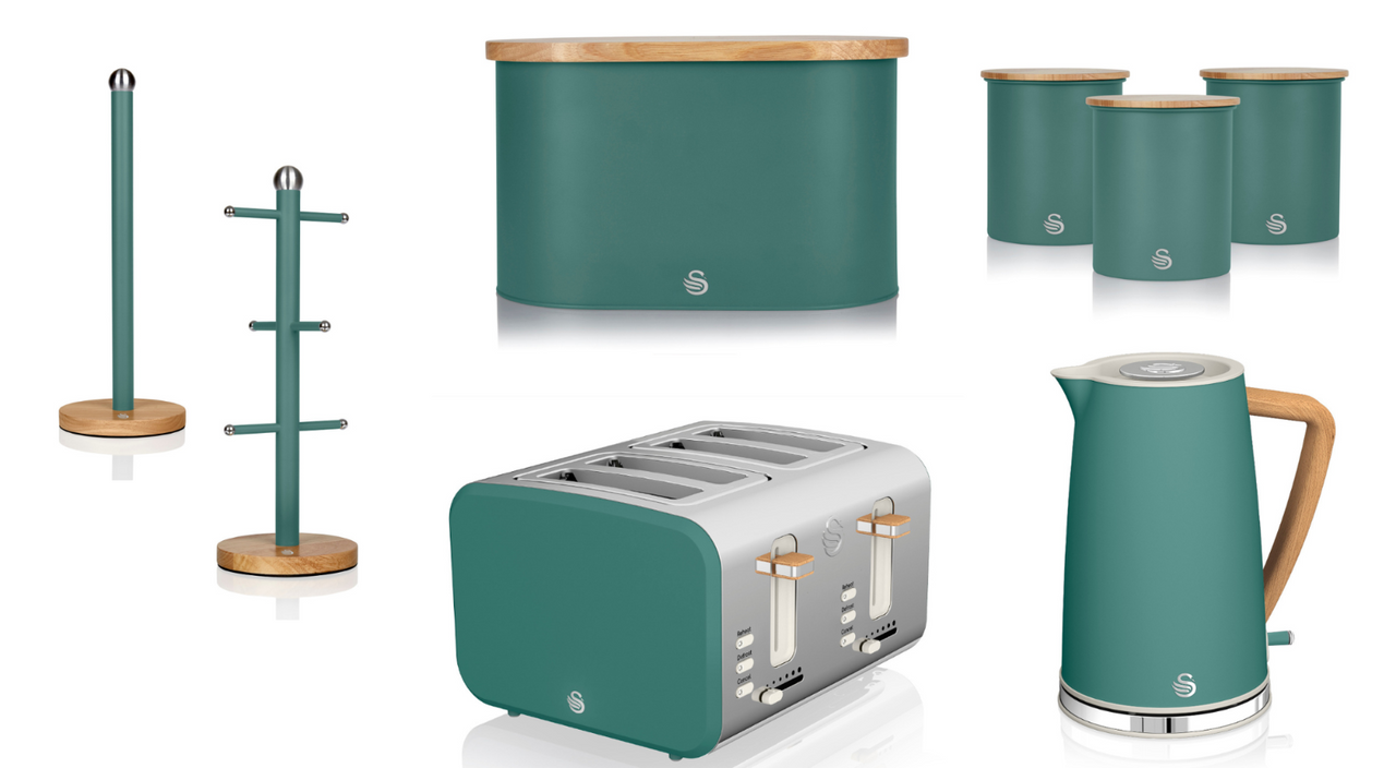 Swan Nordic Green 1.7L Jug Kettle, 4 Slice Toaster, Bread Bin, Canisters, 6 Cup Mug Tree & Towel Pole Matching Set
