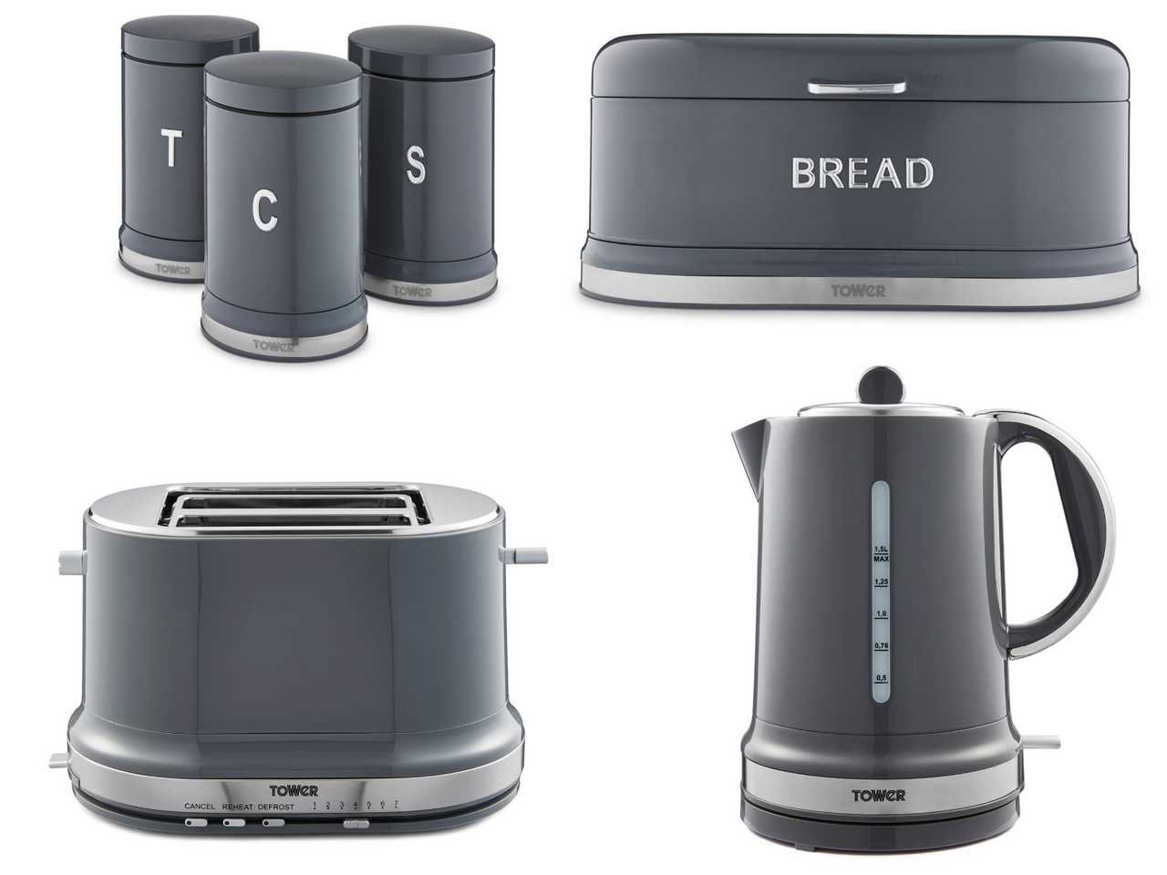 Tower Belle Kettle, 2 Slice Toaster, Bread Bin & Canisters Graphite Grey Kitchen Set of 6