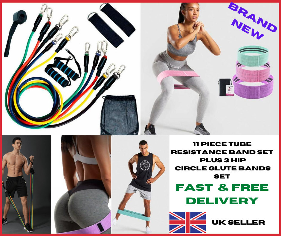 Home Workout Fitness Set 3 Hip Circle Bands & 11 Piece Tube Resistance Bands