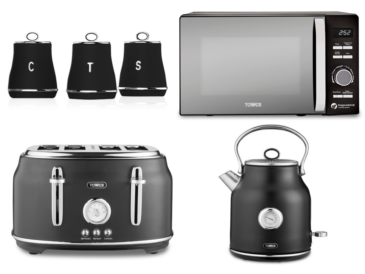 Tower Renaissance 1.7L 3KW Kettle, 4 Slice Toaster, 800W 20L Microwave & Tea, Coffee & Sugar Canisters in Black
