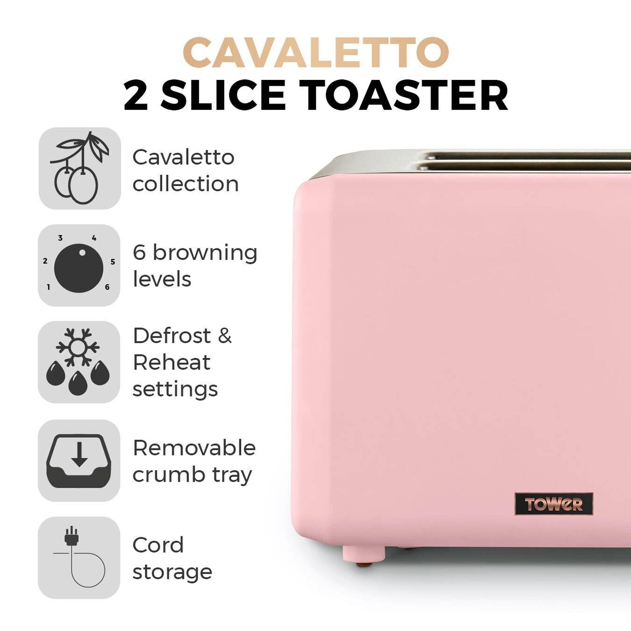 Tower Cavaletto T20036PNK 2 Slice Toaster in Pink & Rose Gold. 3 Year Guarantee
