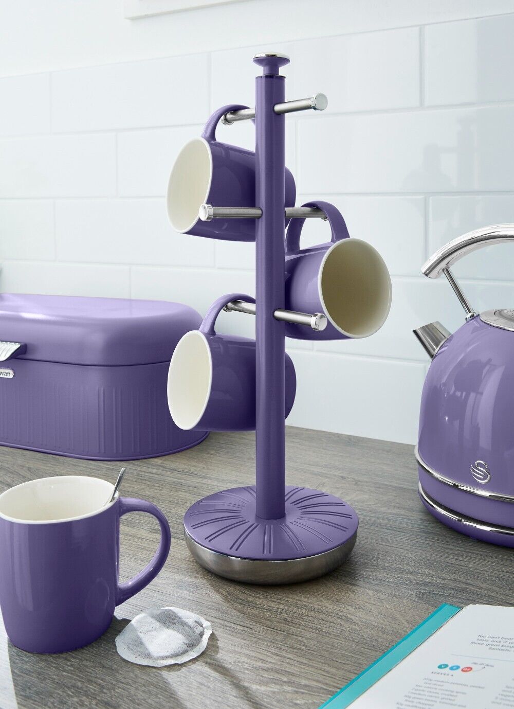 Swan Retro Purple Mug Tree & Towel Pole Matching Kitchen Storage Set