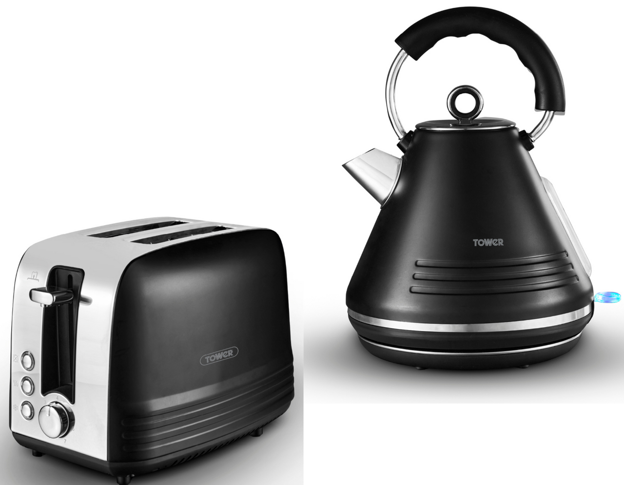 Tower Ash Black 1.7L 3KW Pyramid Kettle & 2 Slice Toaster Contemporary Set with Chrome Accents