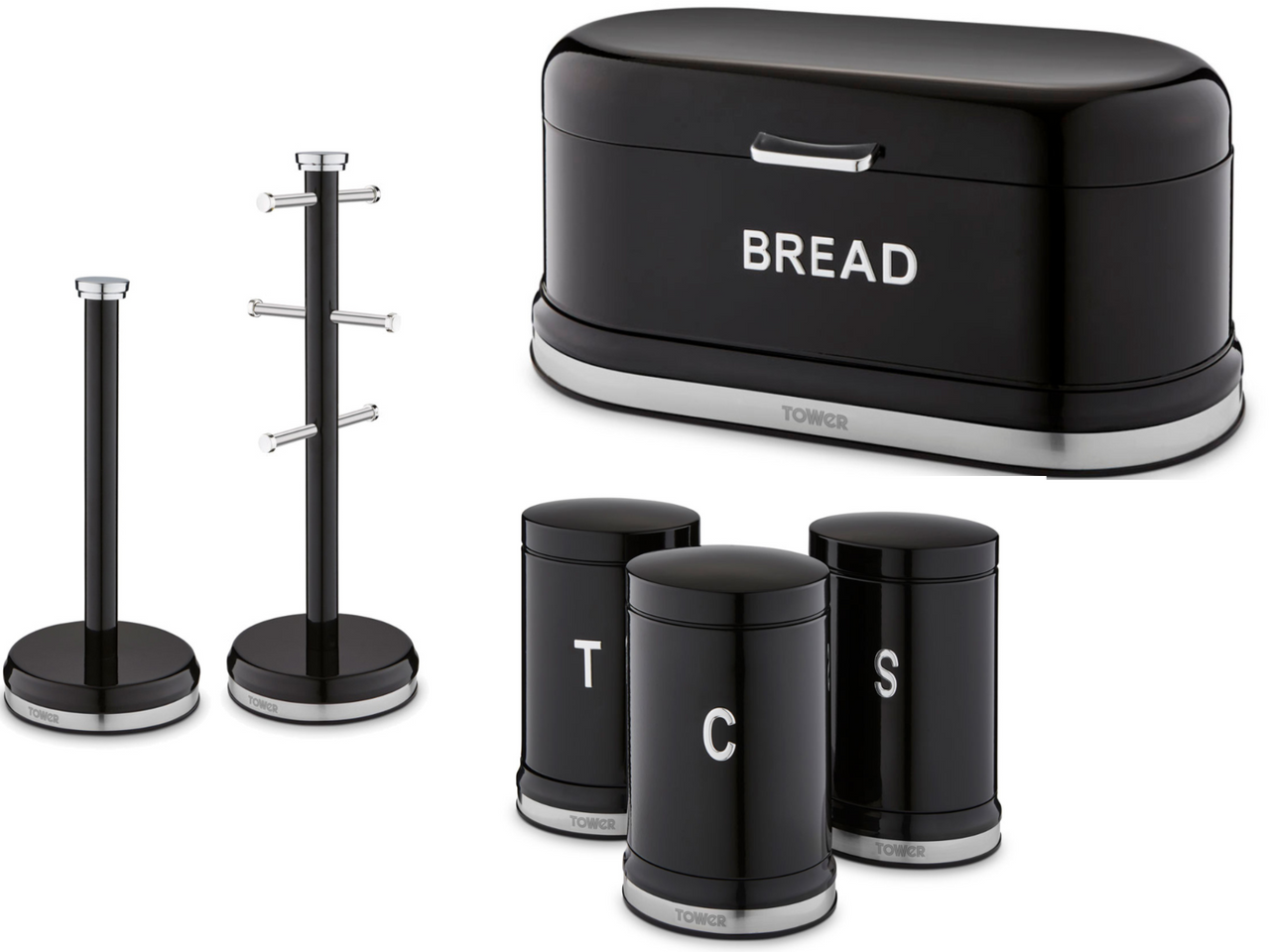 Tower Belle Noir Bread Bin Canisters Mug Tree Towel Pole Kitchen Set in Black