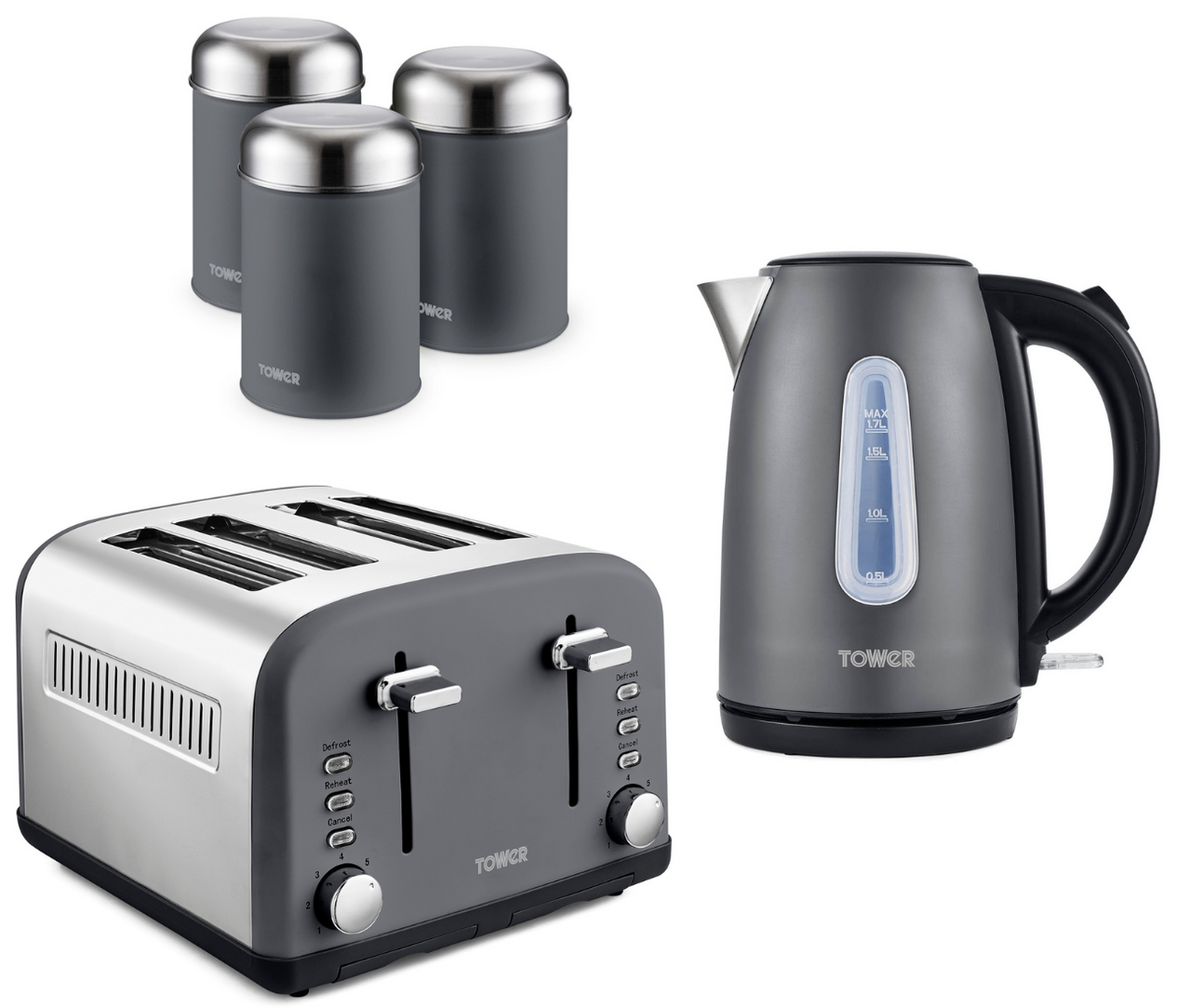 Tower Infinity Kettle 4 Slice Toaster & 3 Canisters Kitchen Set in Slate Grey