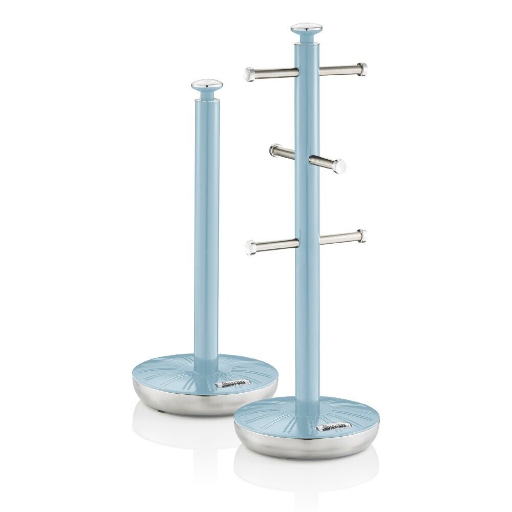 Swan Retro Blue Mug Tree & Towel Pole Matching Kitchen Storage Set