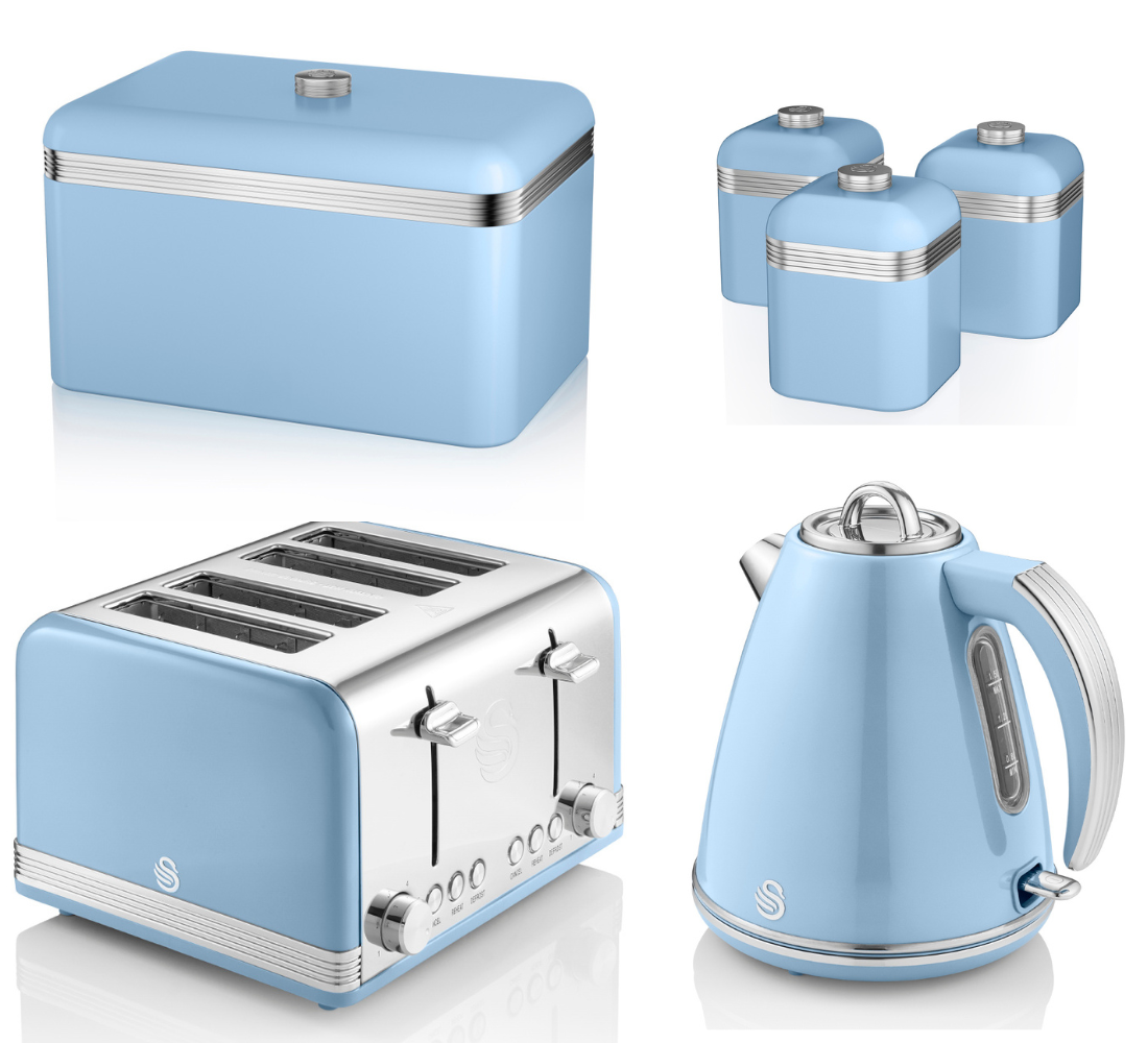 SWAN Retro Blue 1.5L 3KW Jug Kettle, 4 Slice Toaster, Bread Bin & Set of 3 Tea, Coffee & Sugar Canisters