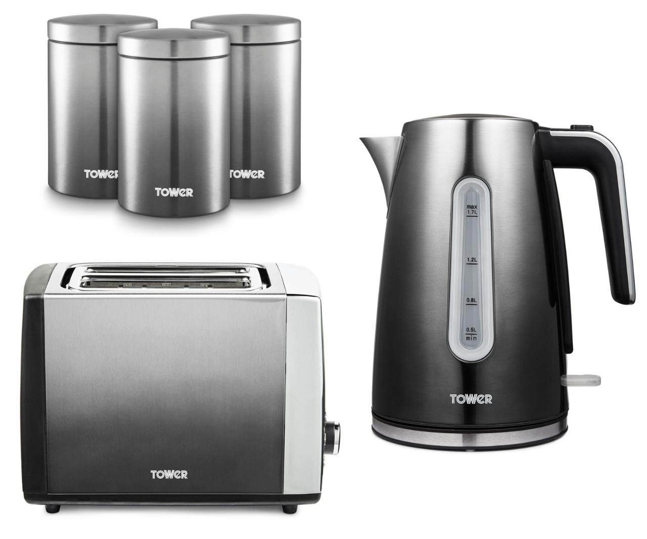 Tower Infinity Ombre Kettle, 2 Slice Toaster & 3 Canisters Matching Set in Graphite Grey