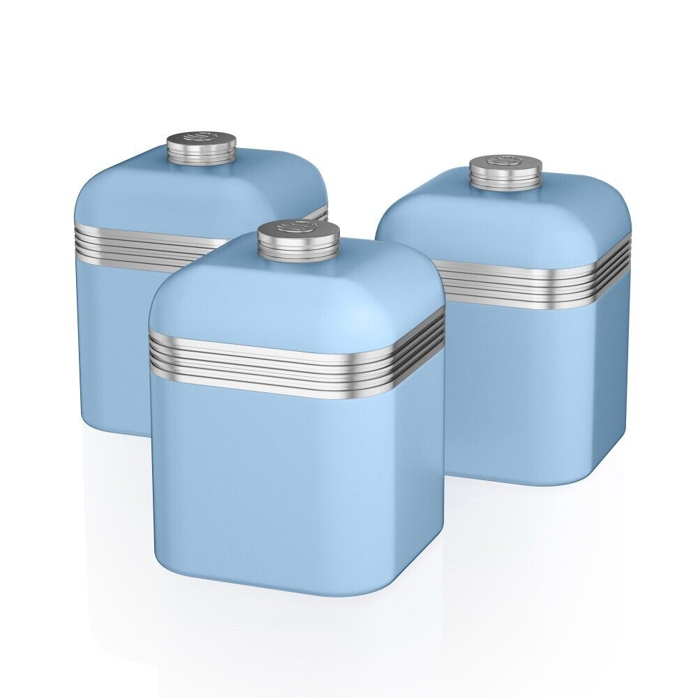 Swan Retro Blue Tea, Coffee & Sugar Matching Set of 3 Kitchen Storage Canisters