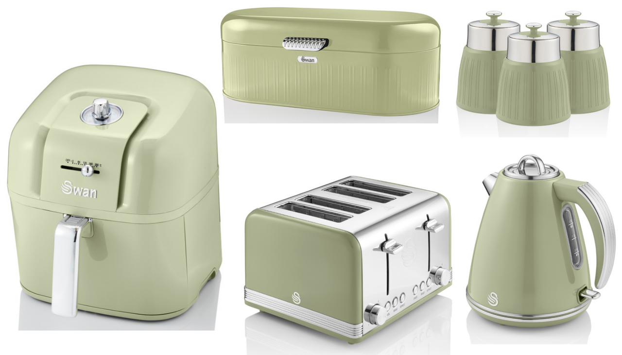 SWAN Retro Green Kettle Toaster 6L Air Fryer Bread Bin & Canisters Matching Set